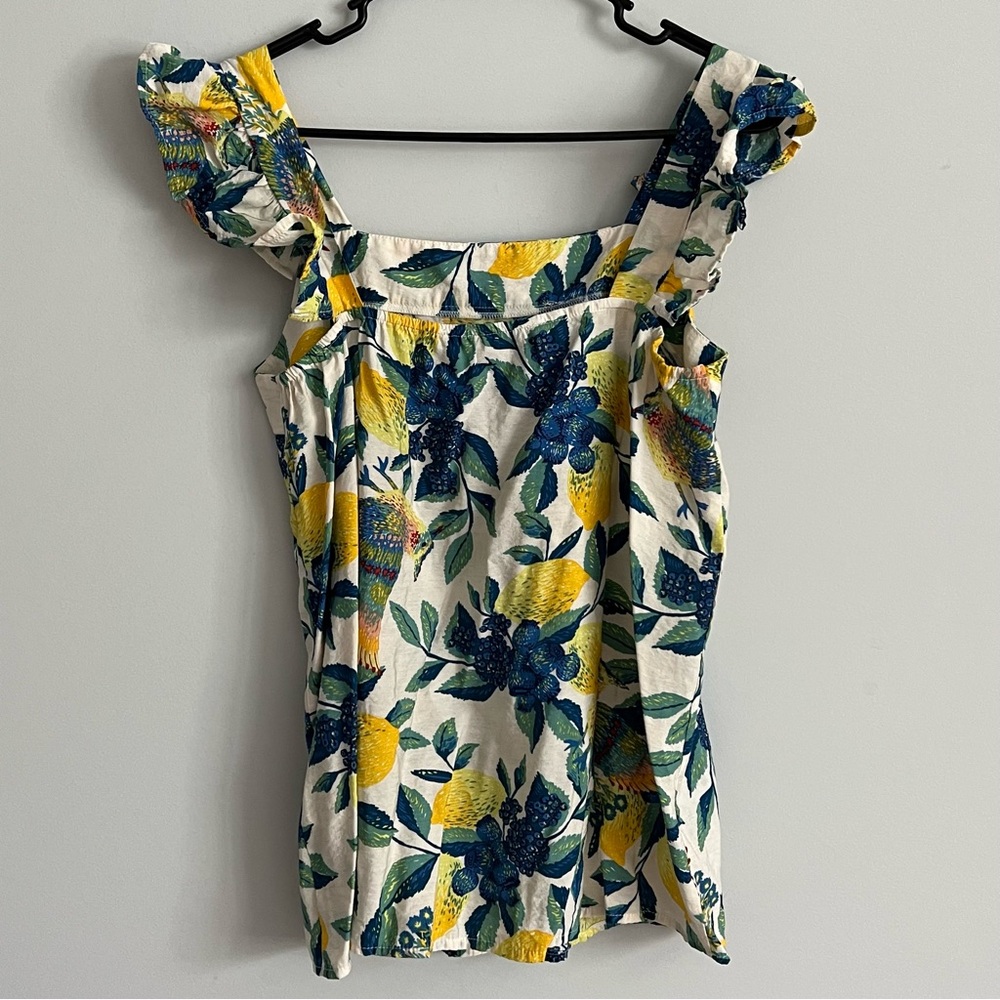 Davi & Dani Lemon Leaf Print Ruffle Strap Square Neckline Summer Blouse - Picture 4 of 5